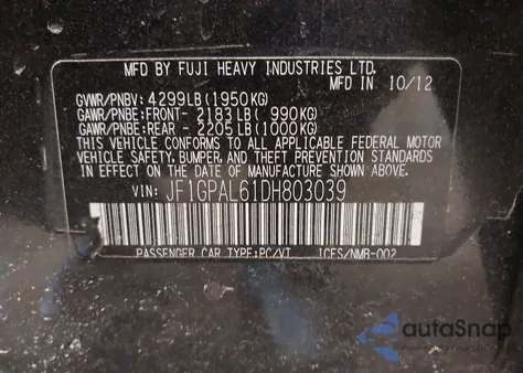 2013 Subaru Impreza 2.0I Sport Premium z USA, uszkodzony, nr VIN JF1GPAL61DH803039